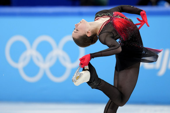 Kamila Valieva competing in the women’s team free skate program during the figure skating competition.