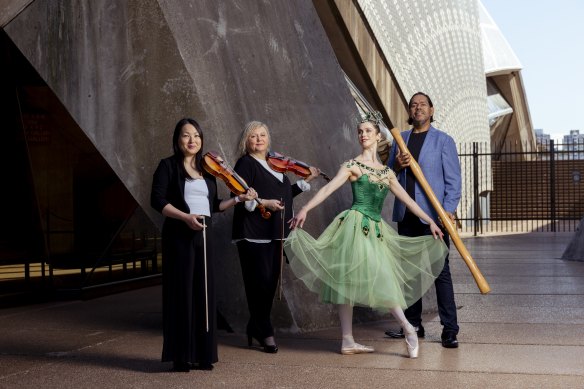 London Symphony Orchestra violinists Naoko Keatley and Belinda McFarlane, Australian Ballet Principal Artist Sharni Spencer and didgeridoo player William Barton, who will be performing as part of Inside/Out at the House at the Opera House this week.