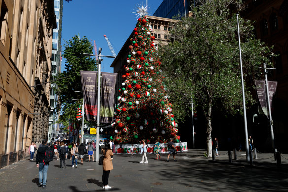 The tree is decorated with native flowers and baubles resembling beach balls to celebrate a Sydney Christmas.
