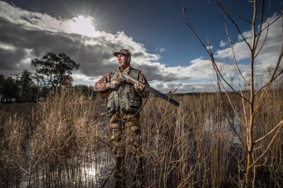 Duck hunter Peter McKenzie at Lake Leaghur wildlife reserve. 