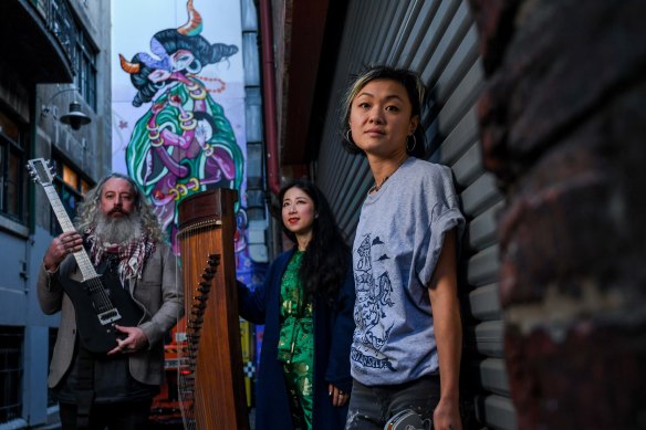 Musicians Ben Andrews and Mindey Meng Wang and artist Jaz Mishap.