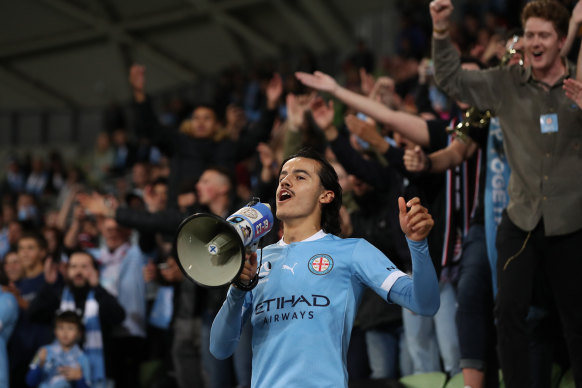 City’s Stefan Colakovski has plenty to shout about after the big win.