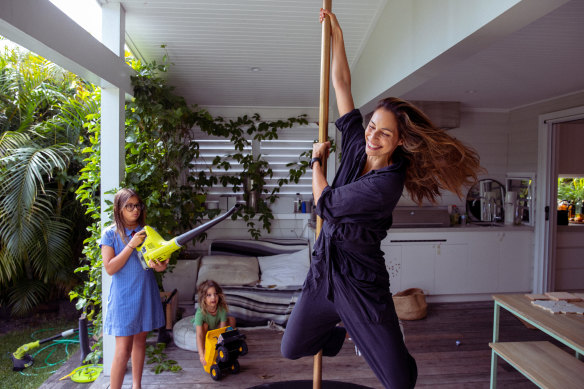 Amanda Montoya, who is a competitive pole dancer, with kids Arrow, 3, and Luna, 10. 
