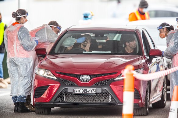 Workers from the Australian Lamb Company abattoir being tested for COVID-19 last month.