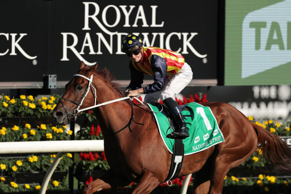 James McDonald sits up as Nature Strip wins the TJ Smith Stakes at Randwick in April.