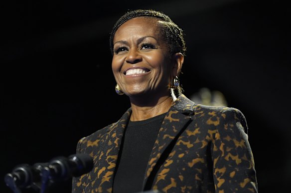 Former first lady Michelle Obama speaks at a campaign rally for democratic presidential nominee vice president Kamala Harris in 2024.