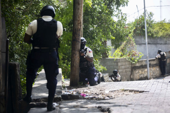 Police search the Morne Calvaire district of Petion Ville for suspects who remain at large in the murder of Haitian President Jovenel Moise in Port-au-Prince, Haiti.