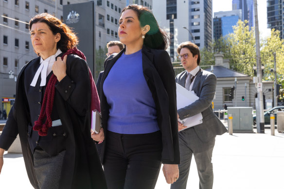 Moira Deeming, right, and her barrister Sue Chrysanthou arriving for the high-profile defamation case on Wednesday.