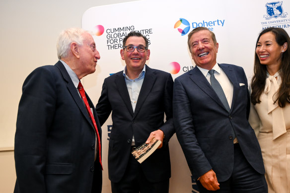 Peter Doherty (left) and Premier Daniel Andrews with Geoff and Anna Cumming at the announcement of The Cumming Centre for Global Pandemic Therapeutics on Wednesday.