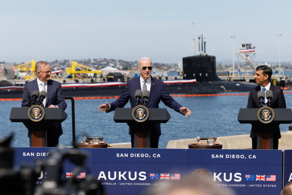 President Joe Biden speaks after meeting with British Prime Minister Rishi Sunak, right, and Australian Prime Minister Anthony Albanese in San Diego.