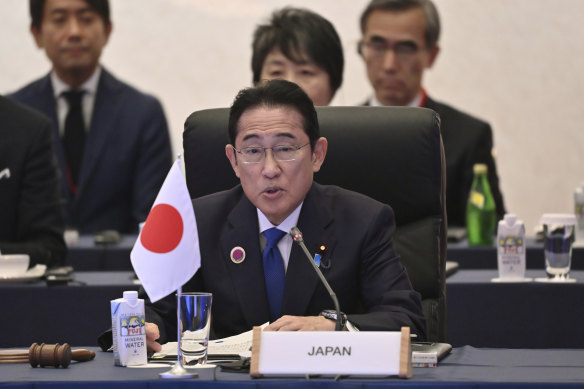 Japan’s Prime Minister Fumio Kishida speaks during the opening session of the ASEAN summit.