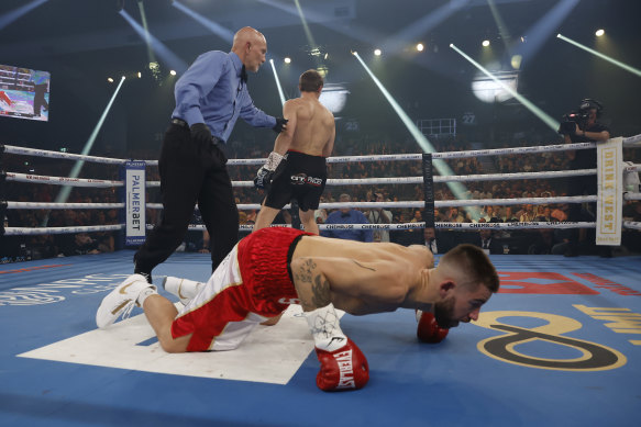 Nikita Tszyu wins his fight during the bout against Mason Smith.