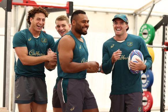 Mark Nawaqanitawase, Max Jorgensen, Samu Kerevi and Ben Donaldson share a lighter moment at training.