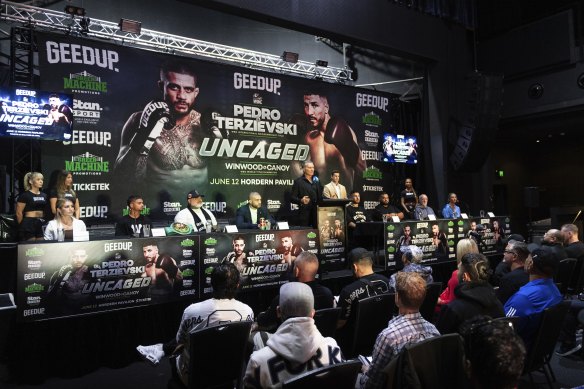 Tuesday’s press conference for the Stan’s ‘Uncaged’ boxing event between Tyson Pedro and Kris Terzievski. 