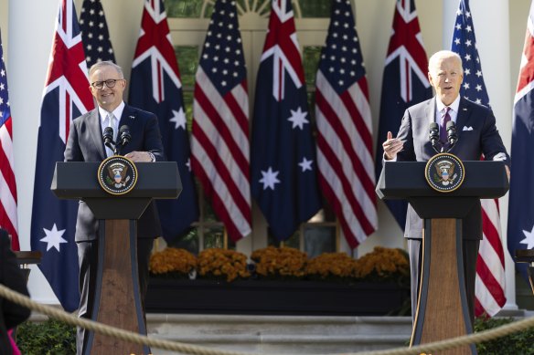 US President Joe Biden and Prime 
Minister Albanese in the White House rose garden.