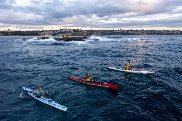 The trio training off Coogee in preparation for their epic paddle.