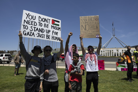 The pro-Palestine rally at the front of Parliament House in Canberra. 