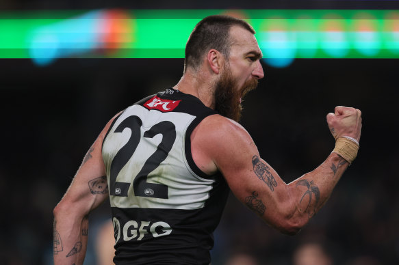 Charlie Dixon of the Power celebrates a goal.