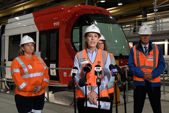 NSW Transport Minister Jo Haylen (centre) announces the start of testing on the Parramatta Light Rail on Thursday.
