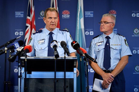 Acting NSW Police Commissio<em></em>ner Dave Hudson (left) and NSW Deputy Commissio<em></em>ner Mal Lanyon announce the use of extraordinary police powers against pro-Palestinian protesters at a press co<em></em>nference in Sydney on Friday.