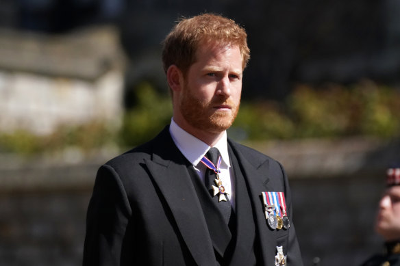 Prince Harry arrives for the funeral of his grand father Prince Philip, Duke of Edinburgh, last month.