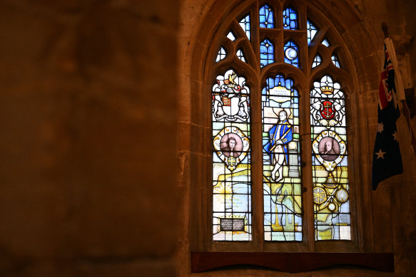 The stained-glass window tribute to Flinders, gifted by the Australian government and the states 40 years ago inside the church at Donington.