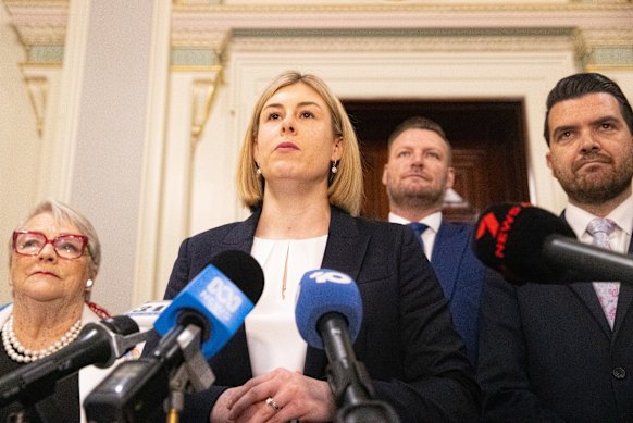 New Liberal leader Jess Wilson at a press conference with her leadership team of (from left) Bev McArthur, Sam Groth and Evan Mulholland.