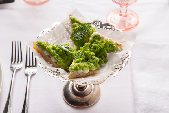 Pea and ricotta crostini at Di Stasio Citta. 