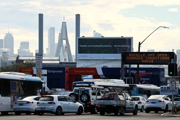 Motorists and buses crawl along Victoria Road in Balmain during the morning peak on Thursday.