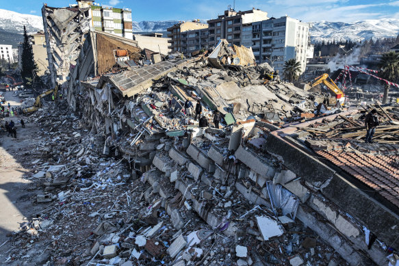 Aerial photo shows the destruction in Kahramanmaras, southern Turkey, after Monday’s earthquakes.