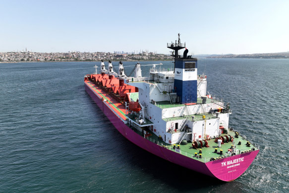 Saint-Kitts-and-Nevis-flagged bulker TK Majestic, carrying grain under the UN’s Black Sea Grain Initiative, waits in the southern anchorage of the Bosphorus in Istanbul on Saturday.