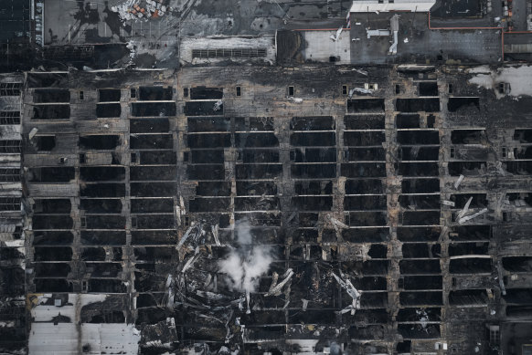 An aerial view of a destroyed hardware store in Kharkiv, Ukraine. At the time of the rocket attack, there were 200 people in the hypermarket. 