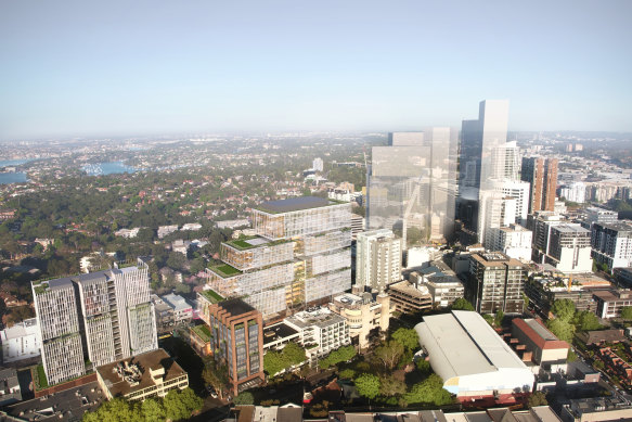 Reference designs for the 17-level residential tower (left) and 21-level commercial tower (centre)  developments for Crows Nest metro rail station in Sydney. The white shapes to the right indicate heights of future buildings envisaged in the precinct.
