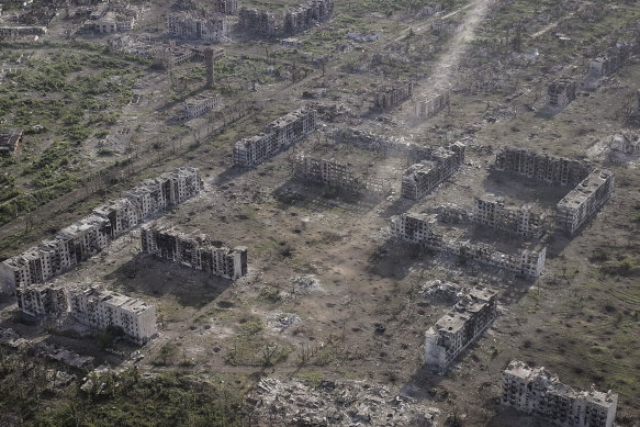 An aerial view of the town of Chasiv Yar, the site of the heaviest battles with Russian troops in the Donetsk region, Ukraine.