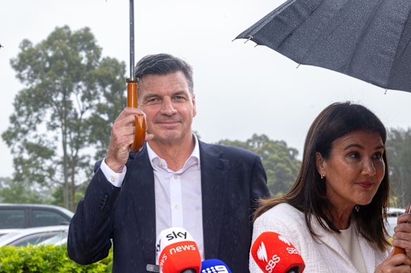 Opposition Leader Angus Taylor, with deputy Jane Hume, at a press conference in Sydney on Friday.