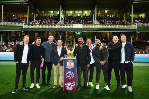 The 2013 premiership team reunion at the SCG, including Roger Tuivasa-Sheck in a Roosters jersey.