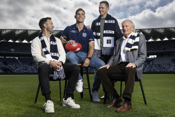 Tom Hawkins (second from left) on Tuesday at GMHBA stadium with fellow Cats icons Jimmy Bartel, Joel Selwood, and Ian Nankervis.