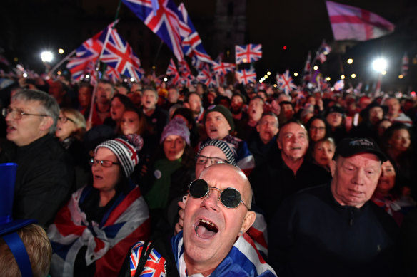 Brexit supporters celebrate in Parliament Square on January 31.