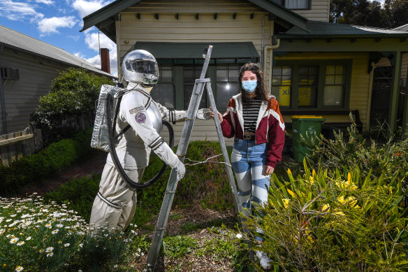 Bridget Bourne with her astronaut scarecrow: Commander Ross Moyne.