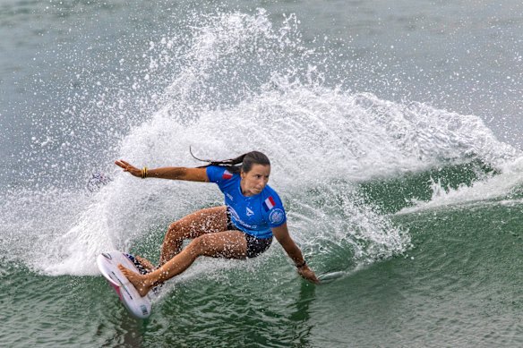 Johanne Defay of France surfs at Trestles in 2022.