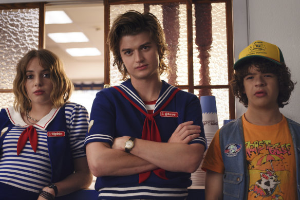 Breakout star Maya Hawke, left, with Joe Keery and Gaten Matarazzo, in Stranger Things.