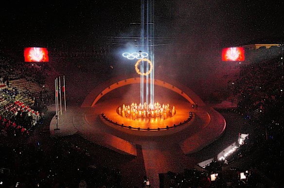 The Olympic flame before it is extinguished.