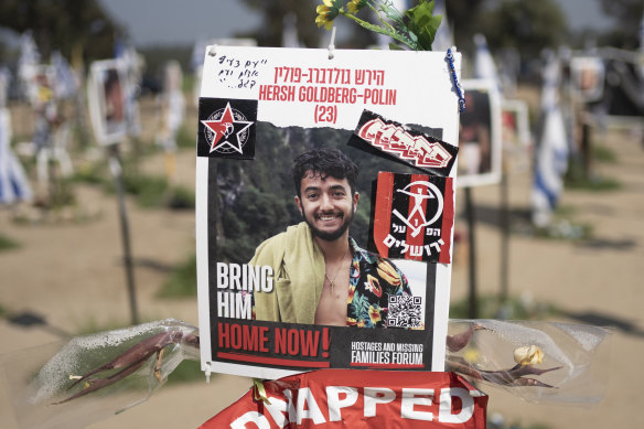 A poster of hostage Hersh Goldberg-Polin in Re’im, near Israel’s border with Gaza, in February.