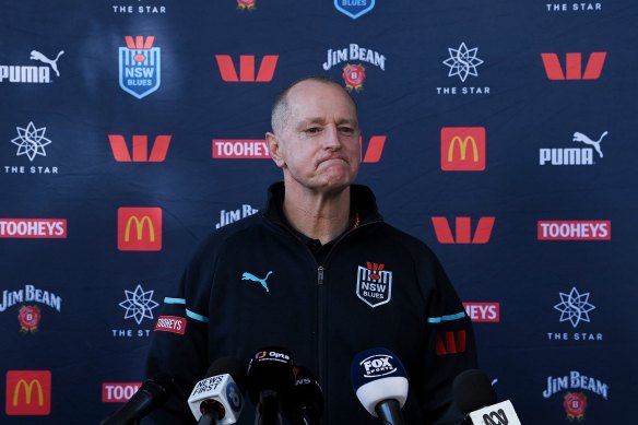 Michael Maguire addresses the media during this year’s Origin series.