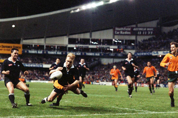 George Gregan makes a famous tackle against the All Blacks in 1994.