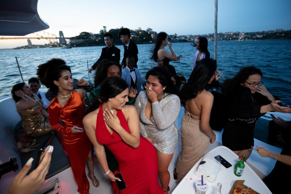 The combined group of students from Blacktown Girls and Blacktown Boys high schools celebrated on Sydney Harbour.