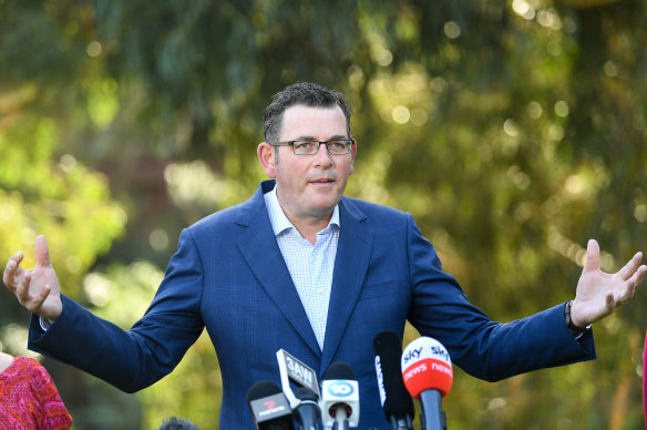 Premier Daniel Andrews addresses the media on Tuesday.