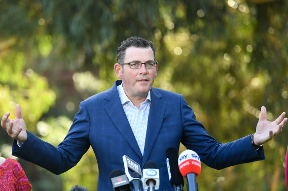 Premier Daniel Andrews addresses the media on Tuesday.