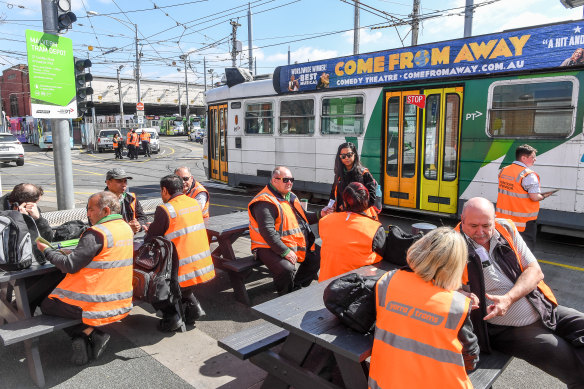 Melbourne tram drivers on strike at the Malvern tram depot earlier this year. 