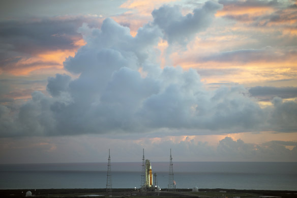 Artemis stands on its launchpad, August 29.
